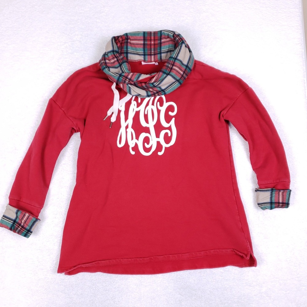 Marleylilly Women's L/XL Red Plaid Cowl Neck Monogram‎ Sweatshirt Cozy